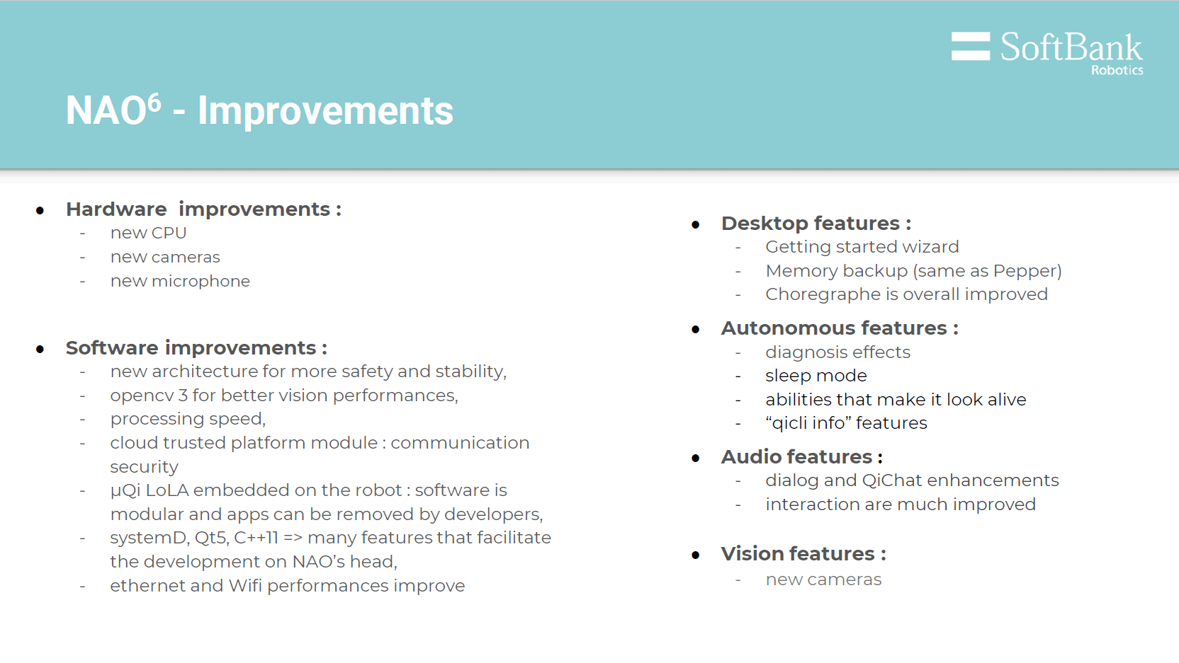 NAO Robot V6 hardware and software improvements